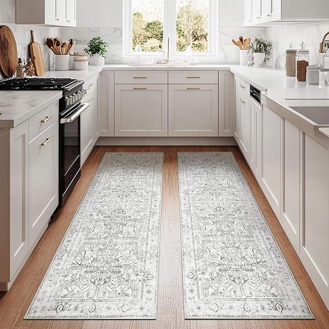 jinchan Kitchen Runner Rug 3x8-2pcs, Bohemian Hallway Washable Rug Floral Non Slip with Rubber Backing Vintage Carpet Runner for Bedroom Bathroom Laundry Room Living Room Decor Grey