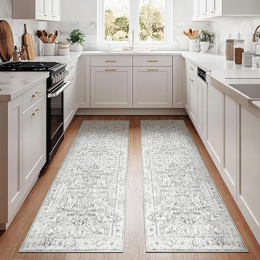 jinchan Kitchen Runner Rug 3x8-2pcs, Bohemian Hallway Washable Rug Floral Non Slip with Rubber Backing Vintage Carpet Runner for Bedroom Bathroom Laundry Room Living Room Decor Grey