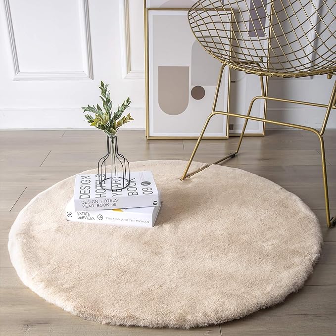 Ashler Faux Fur Rug, Ultra Soft Faux Rabbit Fur, Beige Area Rugs, 3 x 3 Feet Round, Machine Washable Nursery Decor Throw Rugs for Bedroom, Kids Room, Living Room