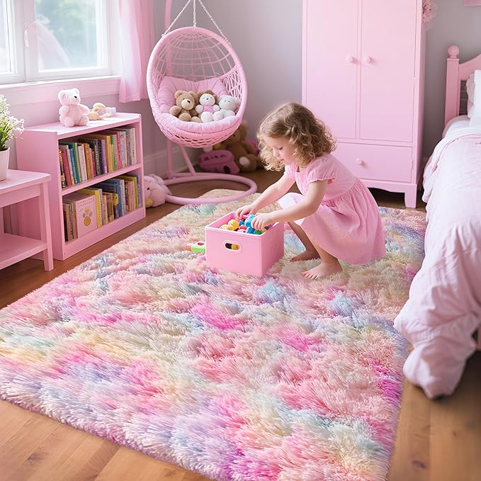 4x6 Soft Fluffy Unicorn Rainbow Rug for Girls Bedroom Kids Colorful Plush Area Rugs Cute Floor Carpets Shaggy Playing Mat for Kids Baby Girls Room Nursery Home Decor