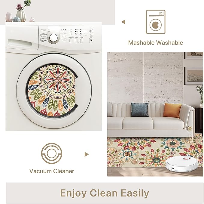 Bavni 5x7 Area Rugs, Floral Machine Washable Rug Non Slip, Modern Printed Thin Living Room Rugs, Stain Resistant Rugs for Bedroom, Dining Room, Beige Red