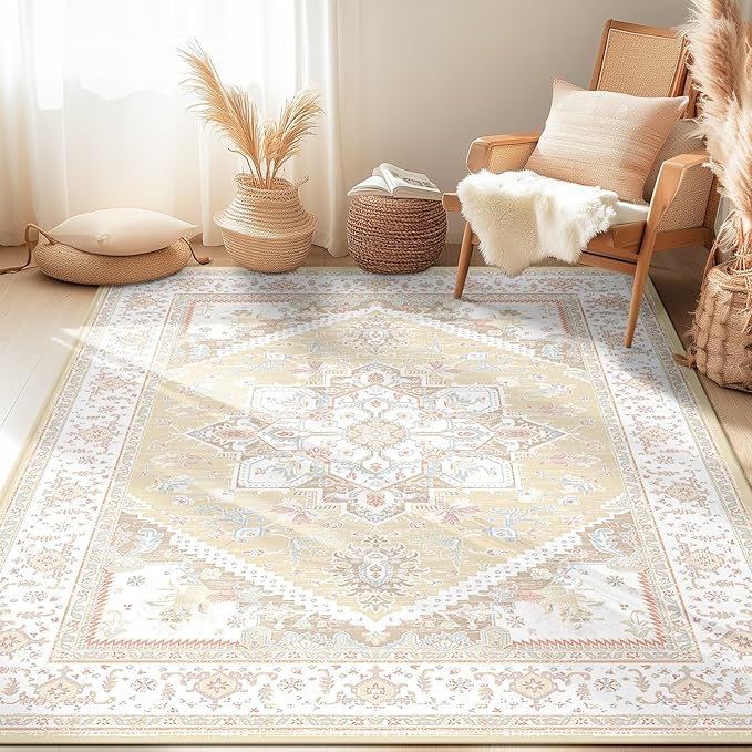 BESTSWEETIE 5x7 Area Rugs for Living Room Washable Non Slip Carpet Low Pile Soft Vintage Print Pattern Rug for Bedroom Dining Room Kitchen Entryway Indoor-Cream/Light Yellow/Brown/Blue/Red/Pink