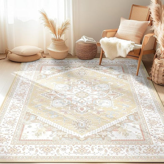 BESTSWEETIE 5x7 Area Rugs for Living Room Washable Non Slip Carpet Low Pile Soft Vintage Print Pattern Rug for Bedroom Dining Room Kitchen Entryway Indoor-Cream/Light Yellow/Brown/Blue/Red/Pink