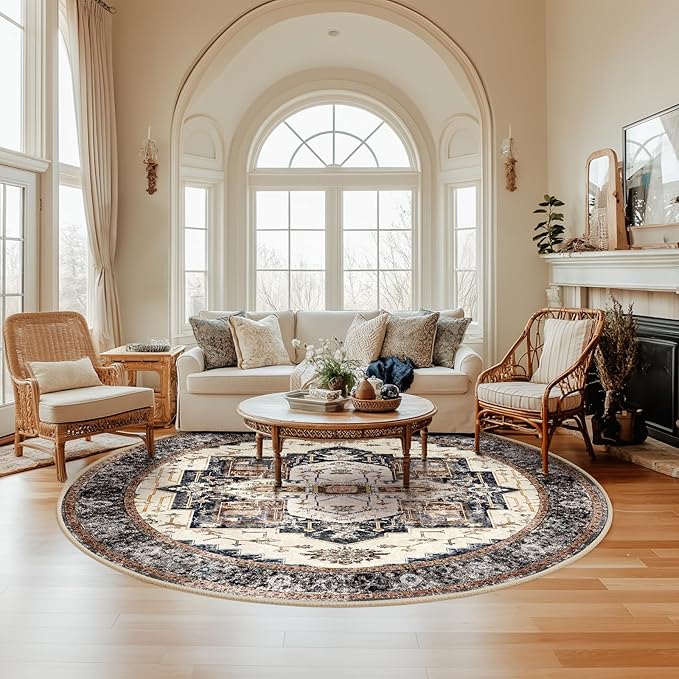 Washable 6ft Area Rugs, Rugs for Living Room, Low-Pile Water&Stain Resistant Carpet Vintage Distressed Printed Non-Slip Carpet for Bedroom Bathroom Kitchen-Light Yellow/Choco/Brown/Navy Blue