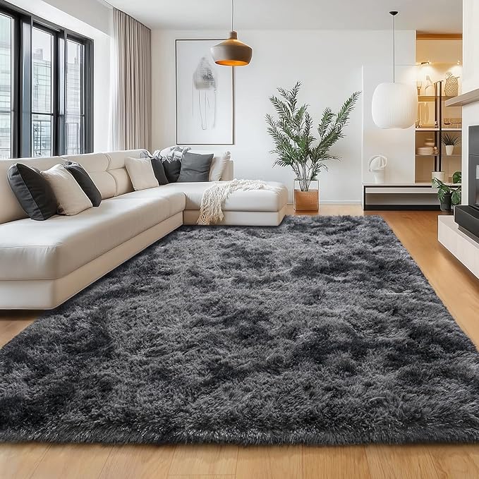 Area Rugs for Bedroom Living Room, Non-Slip Fluffy Shag Floor Carpet, 4x6 Shaggy Soft Plush High Pile Indoor Rug for Nursery Kids Room Dorm Home Decor Aesthetic, Tie-Dye Black Grey