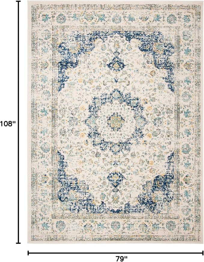 SAFAVIEH Evoke Collection Area Rug - 6'7" x 9', Ivory & Blue, Shabby Chic Oriental Medallion Design, Non-Shedding & Easy Care, Ideal for High Traffic Areas in Living Room, Bedroom (EVK220C)