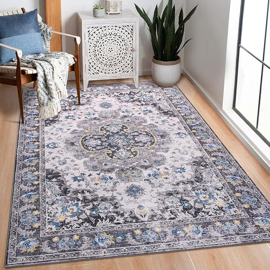 4x6 Area Rugs for Living Room, Foldable Machine Washable Rug, Soft Low Pile Non-Slip Vintage Floral Rug, Carpet for Bedroom, Dining Room, Bedside, Farmhouse, Office, Dorm (Gray, 4'×6')