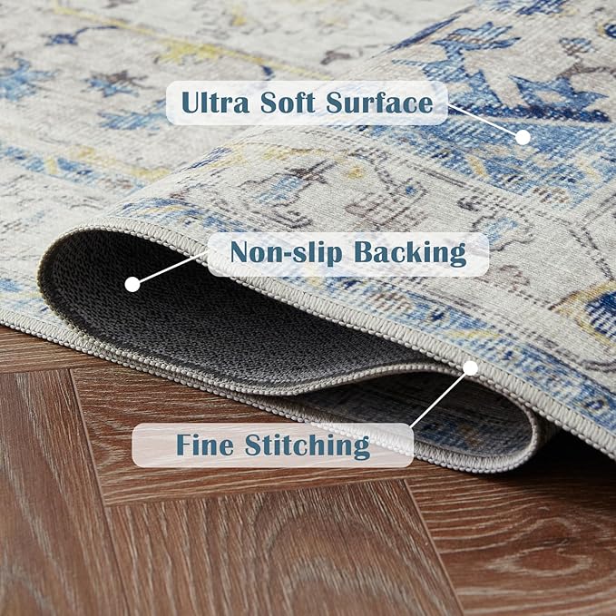 jinchan Runner Rug 2x7 Hallway Rug Kitchen Washable Runner Vintage Mat Retro Lightweight Non-Slip Floor Cover Distressed Thin Carpet for Entryway Bathroom Bedroom Laundry Room Stairway Light Blue