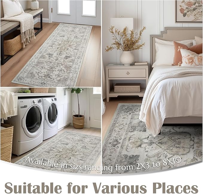 jinchan Hallway Runner Rug 3x10 Machine Washable - Vintage Floral Non-Slip Low-Pile Soft Ultra-Thin Faux Wool Kitchen Rug Distressed Carpet Runner for Farmhouse Bedroom Laundry Room (3x10ft,Taupe)