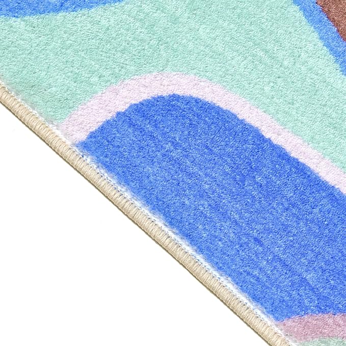 Vintage Abstract 4x6 Area Rug Ultra Thin Funky Aesthetic Colorful Striped Living Room Rug Washable Cute Blue Throw Carpet for Kitchen Entryway Bedroom Dorm Nursery