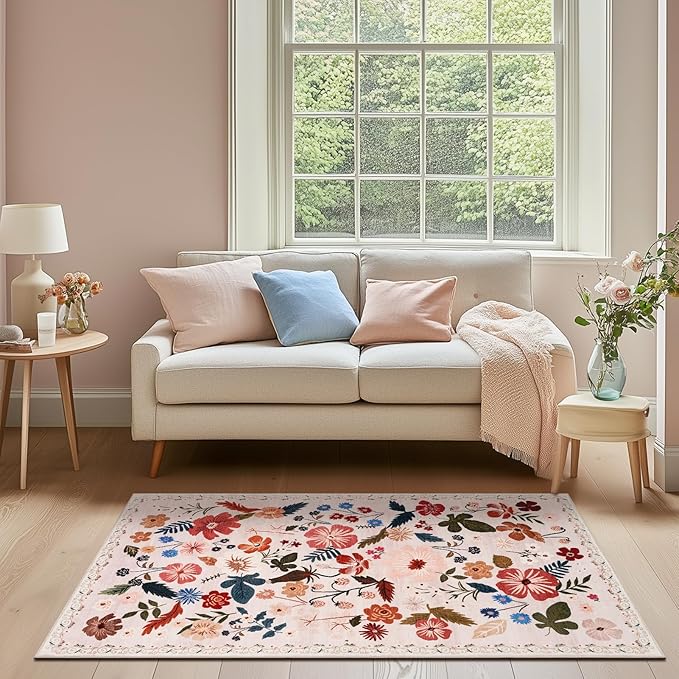 Beige 3x5 Area Rugs for Bedside Machine Washable Boho Floral Small Carpet Rugs Soft Non-Slip Low Pile Faux Fur Cream Farmhouse Aesthetic Rug for Living Room Entrance Bedroom Patio Office