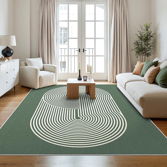 Bavni Area Rugs 8x10, Modern Soft Bedroom Rug, Machine Washable Rug Non Slip, Abstract Low Pile Large Rugs for Living Room, Dining Room, Sage Green Lines