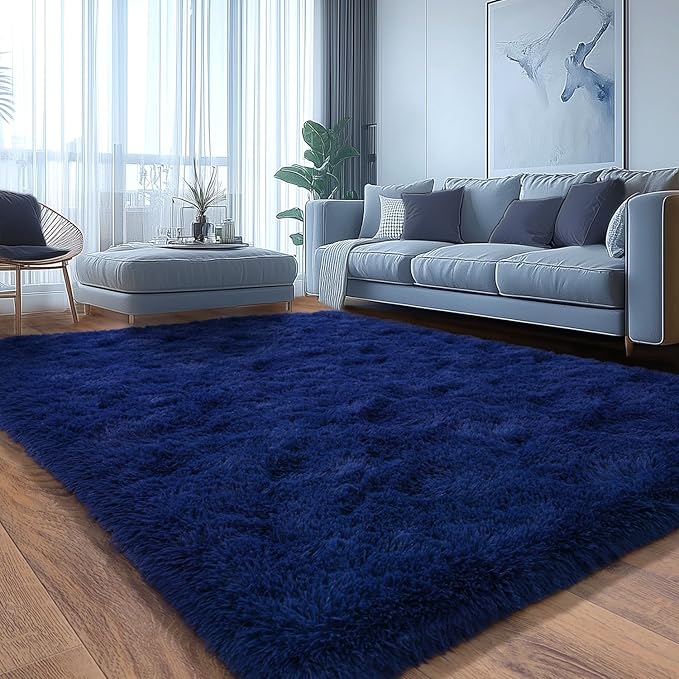Shag Area Rugs for Living Room, Soft Fuzzy Plush Rugs, Upgrade Anti-Skid Modern Furry Rugs Fluffy Carpets for Kids Room Nursery Home Decor Dark Blue, 5X7 Feet