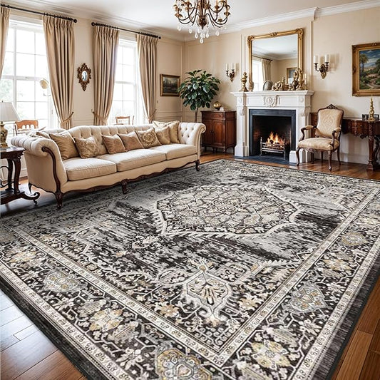 Washable Rugs 10x14 Area Rug：Large Rugs for Living Room - Oriential Distressed Printed Floral Carpet - Non Slip with Rubber Backing Area Rug 10'x14' Black
