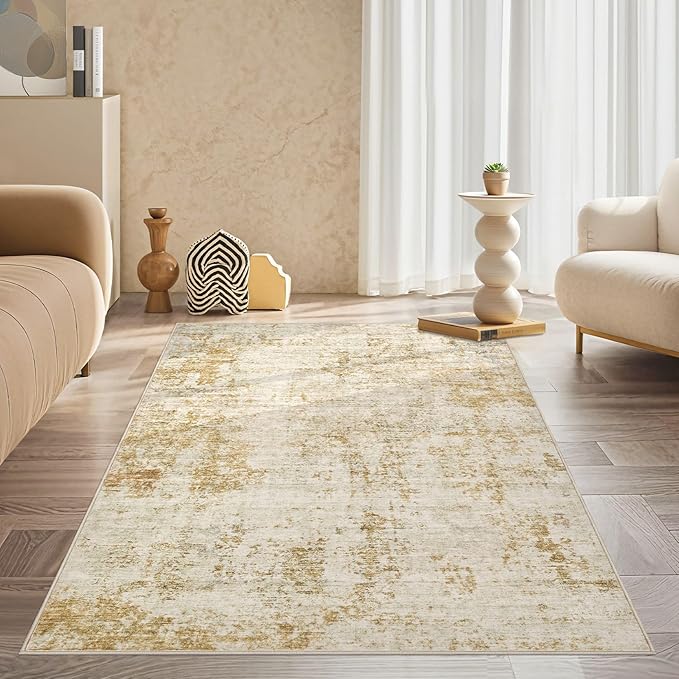 3x5 Area Rug Living Room Rugs - Washable Neutral Modern Abstract Soft Thin Rug Indoor Floor No Slip Rug Carpet for Bedroom Under Dining Table Home Office Decor - Golden Brown