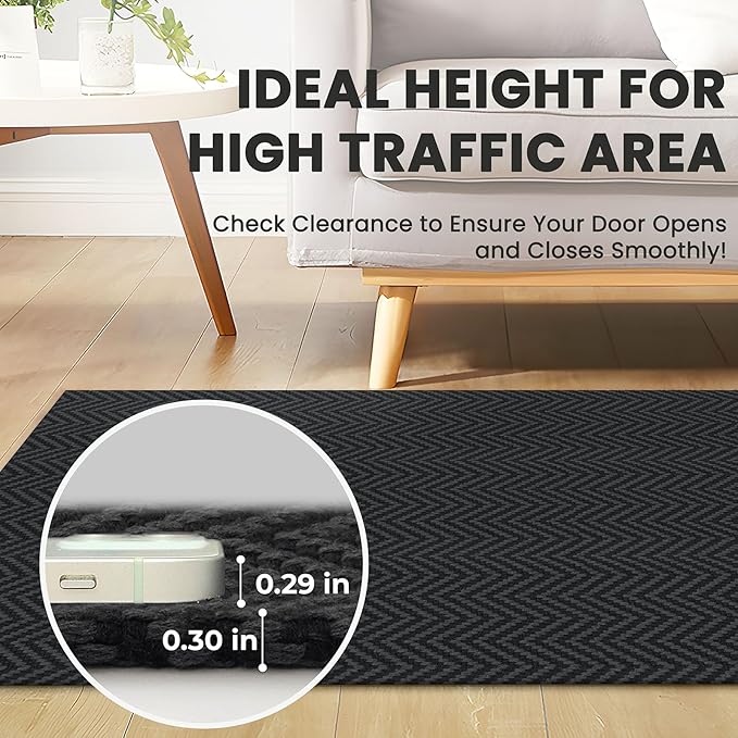 2x5 Ft Runner Rug Washable Runners for Hallways Kitchen Runner Rug with Rubber Backing Cotton Entryway Runner Indoor, Woven Floor Carpet for Hall Kitchen Bedroom, Black/Grey