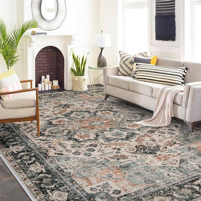 Washable Area Rug 9x12 - Living Room Farmhouse Vintage Oriental Rug Large Distressed Non-Slip Stain Resistant Carpet for Bedroom Dining Room Home Office (9x12 Sage Green/Orange)