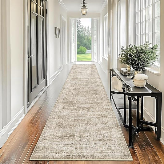 Runner Rug 2'6" x 12' Washable Non-Slip Runner Rugs for Kitchen Bathroom Laundry Room Vintage Ultra Thin Runners for Hallway Entryway Brown