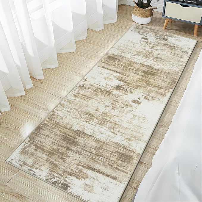 2'6''x8' Runner Rugs Washable Rug: Modern Abstract Living Room Rug Soft Anti-Skid Thin Carpet Indoor Floor Non-Shedding Carpets for Bedroom Dining Room Farmhouse Nursery Home Office - Brown White