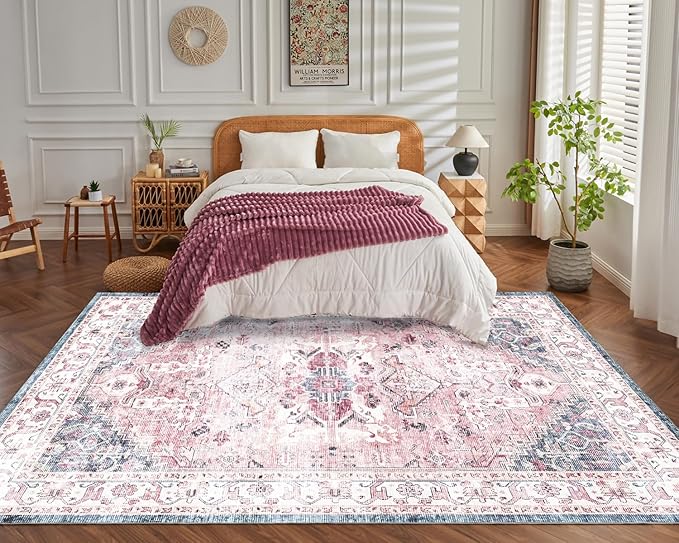 Vintage Boho Pink 8x10 Area Rug - Washable, Non-Slip, Low Pile Faux Wool for Living Room, Bedroom, Dining Room, Kitchen, Office