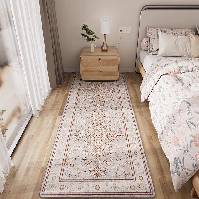 2x6 Washable Non-Slip Vintage Chenille Area Rug,Low Pile Distressed Floral Carpet for Entryway Kitchen, Boho Farmhouse Stain Resistant Indoor Rug