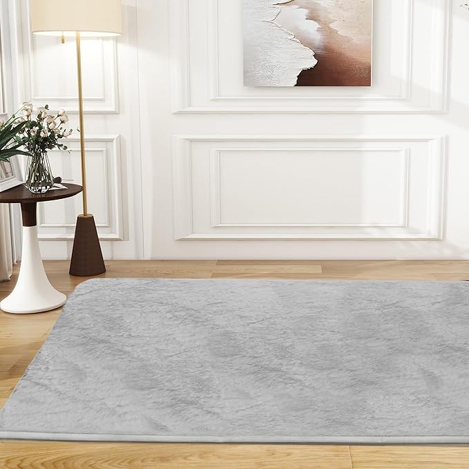 Ultra Soft Kitchen Rugs for Entryway Bathroom 2x3 Feet, Fuzzy Washable Indoor Door Mat - Cozy Faux Fur, Small Carpet for Bedroom Entry (Light Grey)