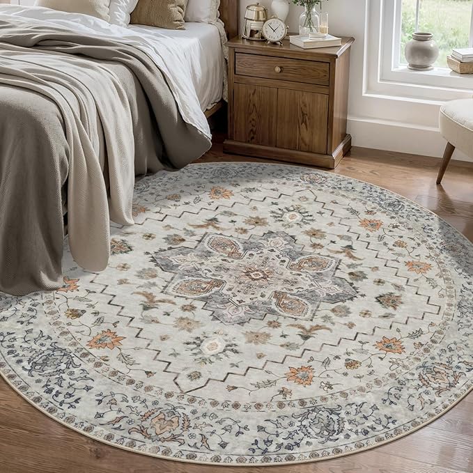 Vintage Round Rug 4ft Washable Circle Rug, Non Slip Small Boho Round Rug, Low Pile Circular Rugs, Round Carpet for Bedroom,Entryway,Nursery,Dorm,Kitchen,Taupe