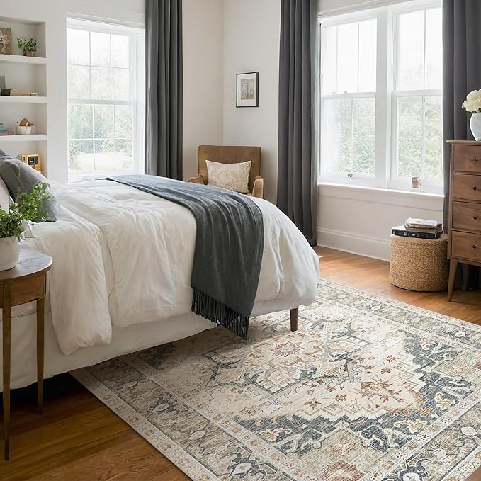 Kokia Washable Area Rugs 9x12 Living Room Boho Non Slip Thin Carpet Stain Resistant Vintage Linen Printed Oriental Distressed Rug for Bedroom Low Pile