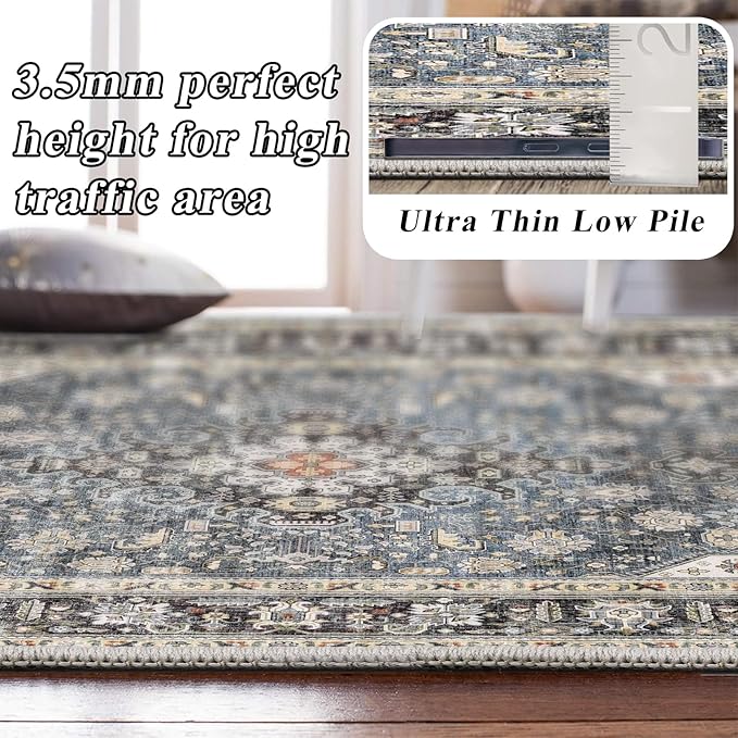 2x6 Runner Rug Washable: Non-Slip Oriental Carpet for Hallway Kitchen Entry - Farmhouse Low Pile Stain Resistant Long Thin Front Door Mat 2x6 Navy Blue