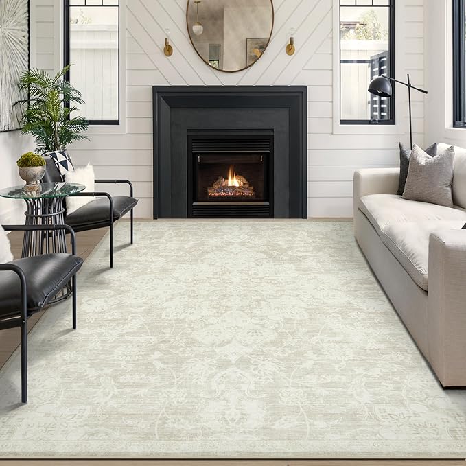 Washable Rugs 8x10 Area Rugs, Soft Vintage Living Room Rug with Anti-Skid Backing Stain Resistant Thin Indoor Carpet Large Area Rug for Bedroom Under Dining Room Table Nursery Entryway-Beige