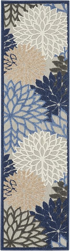 Nourison Aloha Indoor/Outdoor Blue/Multicolor 2'3" x 12' Area Rug, Tropical, Botanical, Easy Cleaning, Non Shedding, Bed Room, Living Room, Dining Room, Deck, Backyard, Patio (2x12)