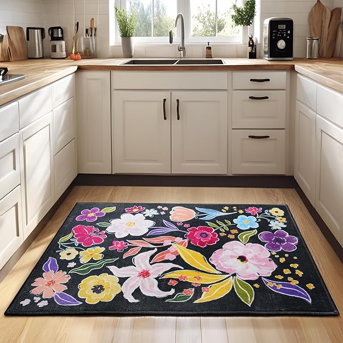 ST. BRIDGE Rugs for Entryway 2x3, Indoor Entrance Rugs Washable Black Boho Floral Throw Rug Non-Slip Low Pile Front Door Mat, Soft Small Area Rug Entry Rug for Bedroom Kitchen Bathroom