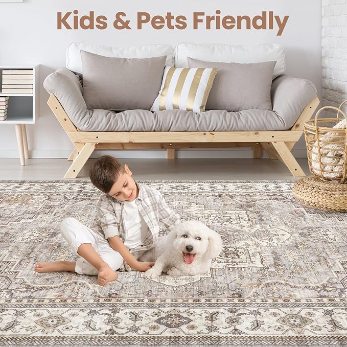 Washable Area Rugs for Living Room - 5x7 Neutral Vintage Distressed Floral Farmhouse Boho Large Soft Floor Rug Indoor Non Slip Carpet for Bedroom Dining Room Office - Grey