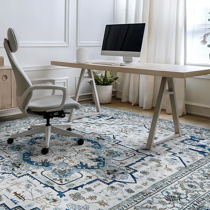 Area Rugs for Living Room 9x12 - Large Machine Washable Vintage Oriental Soft Rug, Low Pile Thin Carpet with Non Slip Backing for Bedroom, Dorm, Under Dining Room Table, Indoor House, Office Decor