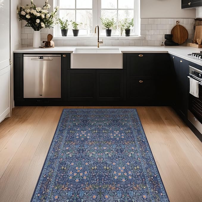 Vintage Dark Blue 3x5 Area Rugs for Entryway, Bedroom Beside Rug, Kitchen, Laundry Room, Non-Slip Low Pile Ultra Soft Stain Resistant Small Floral Carpet