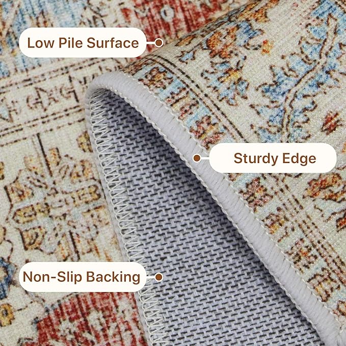 Bavni 8x10 Area Rugs for Living Room, Machine Washable Rug Non Slip, Vintage Chenille Distressed Print Carpet, Large Low Pile Ultra-Thin Lightweight Rugs for Bedroom, Dining Room, Home, Office, Orange