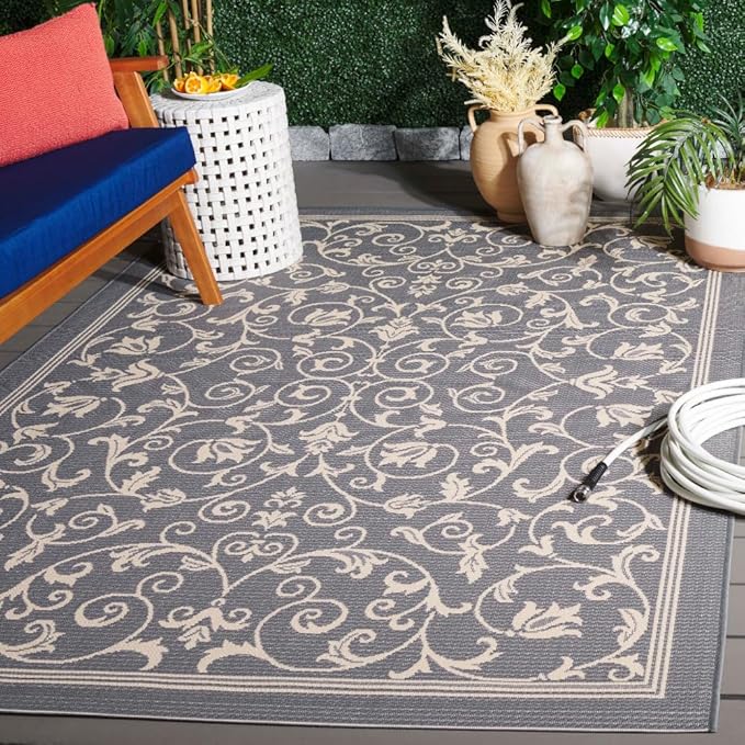 SAFAVIEH Courtyard Collection Area Rug - 5'3" x 7'7", Grey & Natural, Scroll Design, Non-Shedding & Easy Care, Indoor/Outdoor & Washable-Ideal for Patio, Backyard, Mudroom (CY2098-3606)