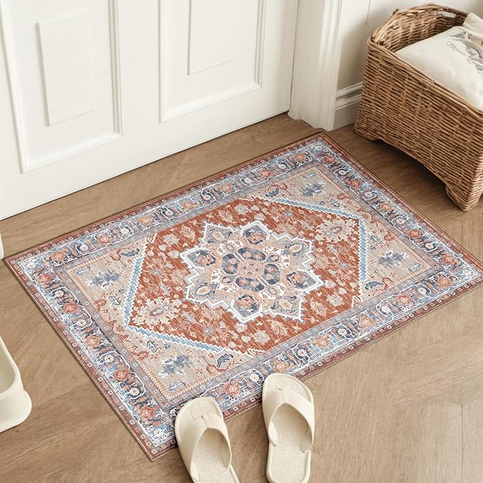 BESTSWEETIE 2x3 Area Rugs for Living Room Washable Non Slip Carpet Low Pile Soft Vintage Print Pattern Rug for Bedroom Dining Room Kitchen Entryway Indoor-Brick/Blue/Light Ivory