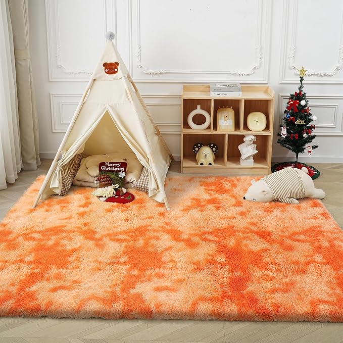 Mottling Orange Fluffy Rug Shaggy Area Rug, 9x12 Area Rugs for Girls Bedroom, Big Soft Shaggy Bedside Non-Slip Plush Dorm Nursery Kids Carpet Home Decor Aesthetic