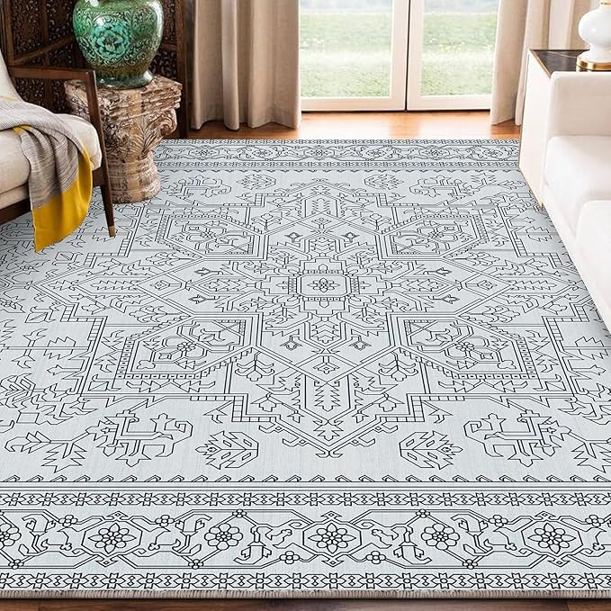Washable Area Rug 5x7 Non-Slip Boho Rugs for Living Room Indoor Carpet for Bedroom Dining Room Front Porch Kitchen, Black and White
