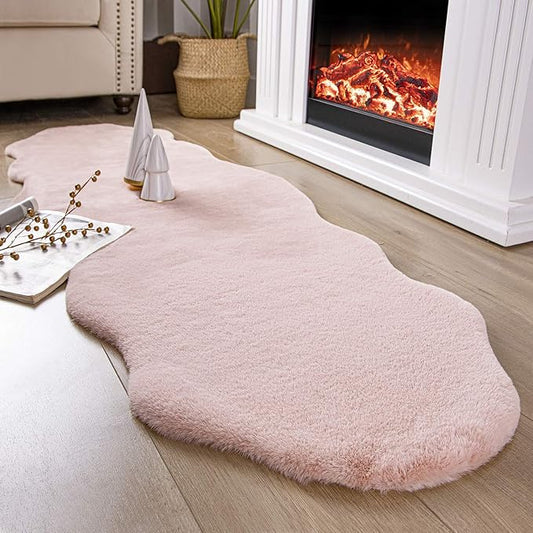 Ashler HOME DECO Ultra Soft Faux Rabbit Fur Chair Couch Cover Area Rug for Bedroom Floor Sofa Living Room Pink 2 x 6 Feet