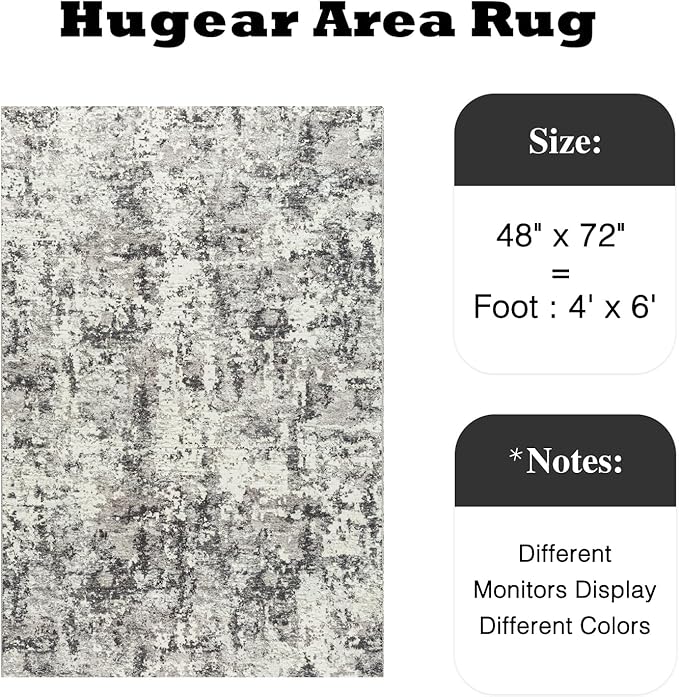 4x6 Machine Washable Rugs Grey Hallway Area Rug 3D Textured Rug Abstract Low Pile Carpet Distressed Throw Rug Bedroom Living Room Office Dining Room Kitchen Laundry Room Non Slip