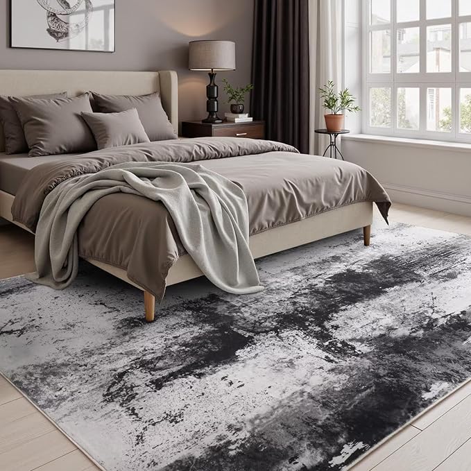 4x6 Grey Washable Area Rug for Living Room Bedroom, Modern Abstract Non-Slip Rugs, Low Pile Soft Stain Resistant Carpet for Dining Room, Kitchen, Office, Dorm, Bedside Decor