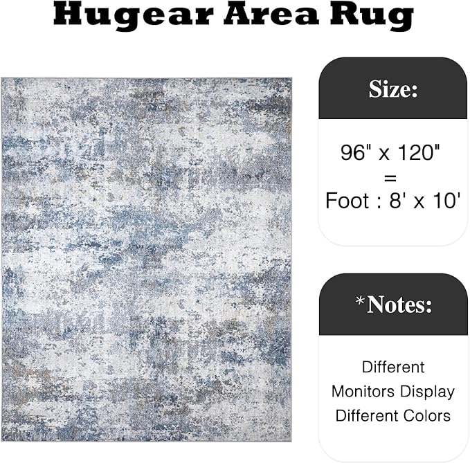 8x10 Washable Rugs Grey Blue Hallway Large Area Rug Indoor Accent Rug Abstract Non Slip Low Pile Carpet Distressed Throw Rug for Bedroom Living Room Office Dining Room Kitchen Laundry Room