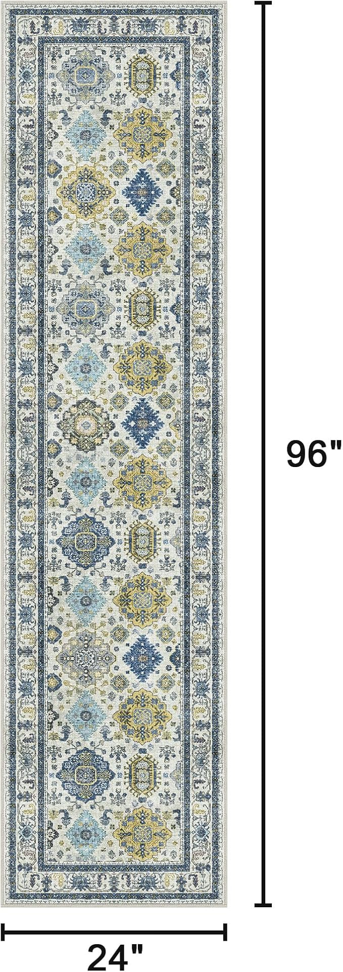2x8 Runner Rug Non Slip, Machine Washable Rug Runners for Hallways, Vintage Distressed Print Kitchen Runner, Low Pile Lightweight Carpet Runner for Entryway, Laundry, Bedroom, Bathroom Ivory Blue