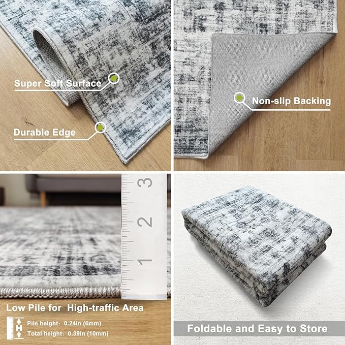 METSAVAIM 4x6 Rug – Traditional Area Rug for Bedroom | Machine Washable Rug for Outdoor & Indoor Use – Vintage Floral Rug for Living Room, Dining Room and Office | Grey