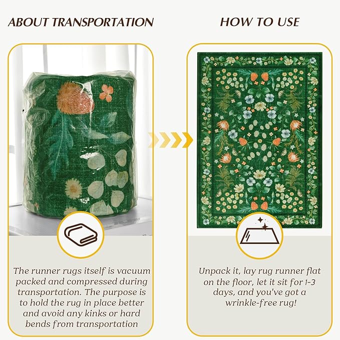 Area Rugs for Living Room, Washable 5x7 Vintage Rug for Bedroom, Non-Slip Floral Carpet for Home Office Nursery Dining Room Kitchen, Green