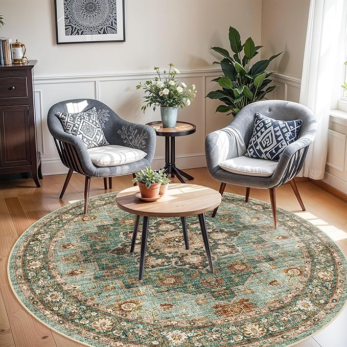 Washable Oriental Area Rug - 9ft Round Rugs for Living Room Soft Carpet for Bedroom Waterproof Floral Distressed Indoor Stain Resistant Non-Shedding Floor Carpets (Green, 9ft-Round)
