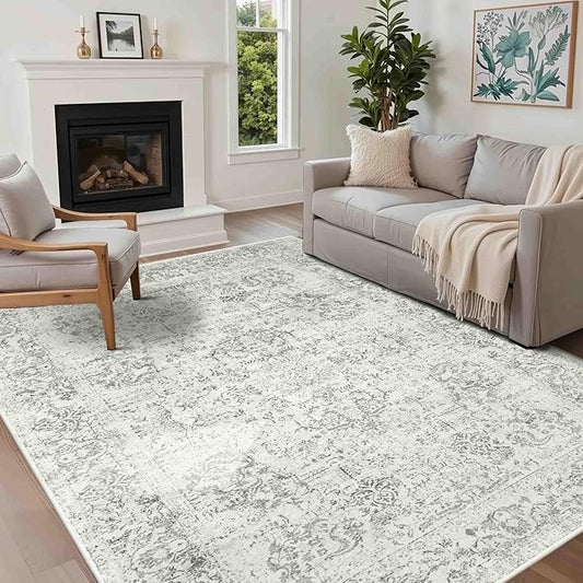 5X7 Washable Area Rug for Living Room, Neutral Vintage Large Boho Rugs for Office, Dining Room, Kids Room, Farmhouse, Durable Low Pile Non Slip Carpet for High Traffic Areas, Light Grey