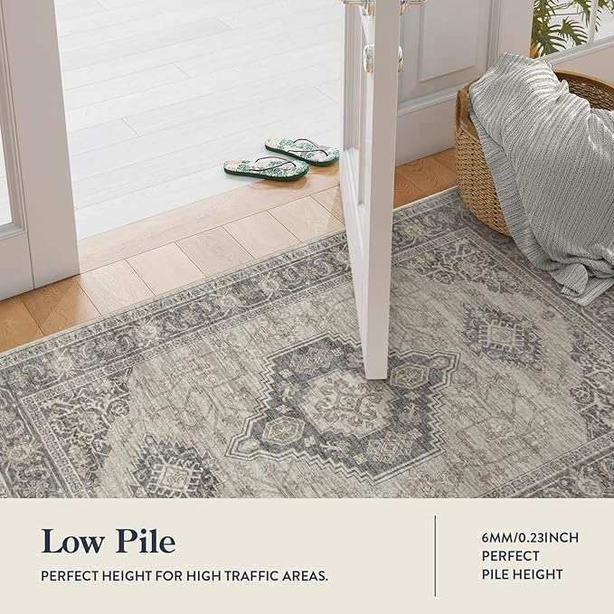 Lahome Oriental Hallway Runner Rug, 2.5x12 Washable Runners for Hallways Kitchen, Soft Distressed Non Shedding Long Carpet for Entryway ‎Laundry Room, Grey/Brown